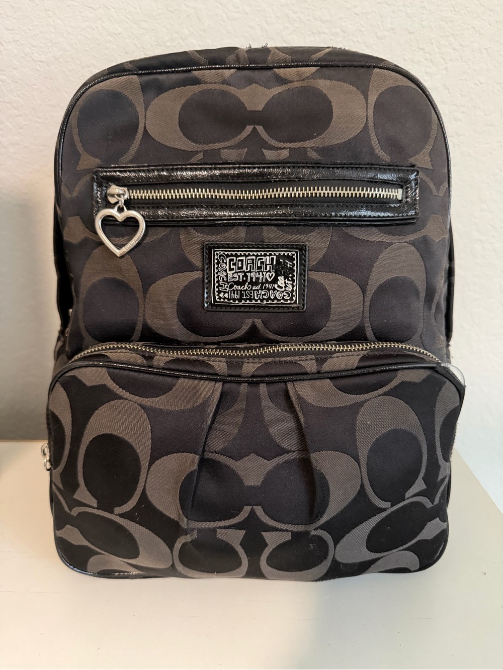 Coach Signature Black and Gray Backpack with Heart Charm